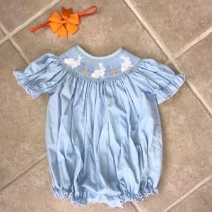 Shrimp and Grits baby girl blue one piece/bubble